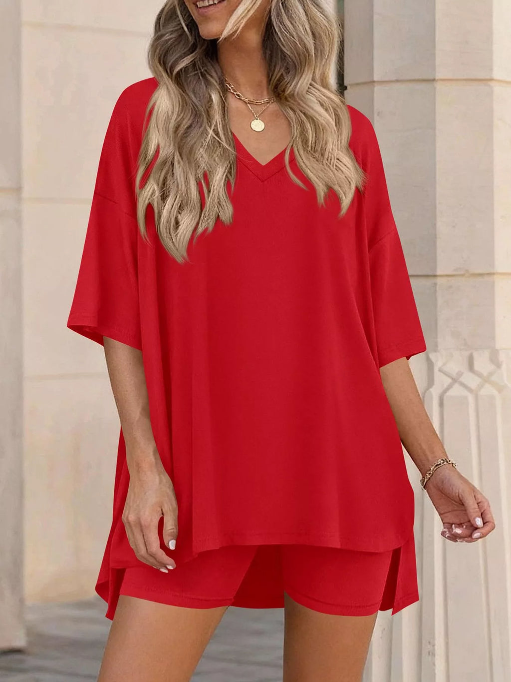 Full Size Casual Loose V-neck T-shirt Shorts Set Plus (23)
