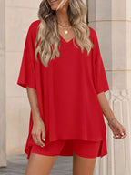 Full Size Casual Loose V-neck T-shirt Shorts Set Plus (23)