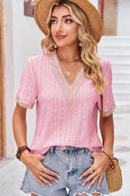 Eyelet V-neck Short Sleeve T-shirt