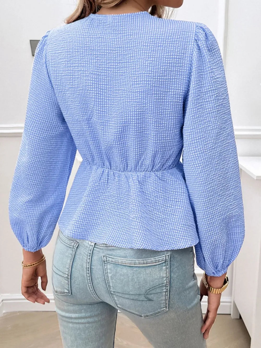 Tied Round Neck Long Sleeve Blouse (2)