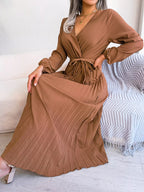 Elegant Pleated Front Tie Long Sleeve Dress (12)