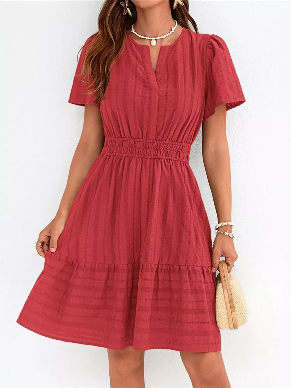 Short Sleeve Smocked Waist Tiered Dress (4)