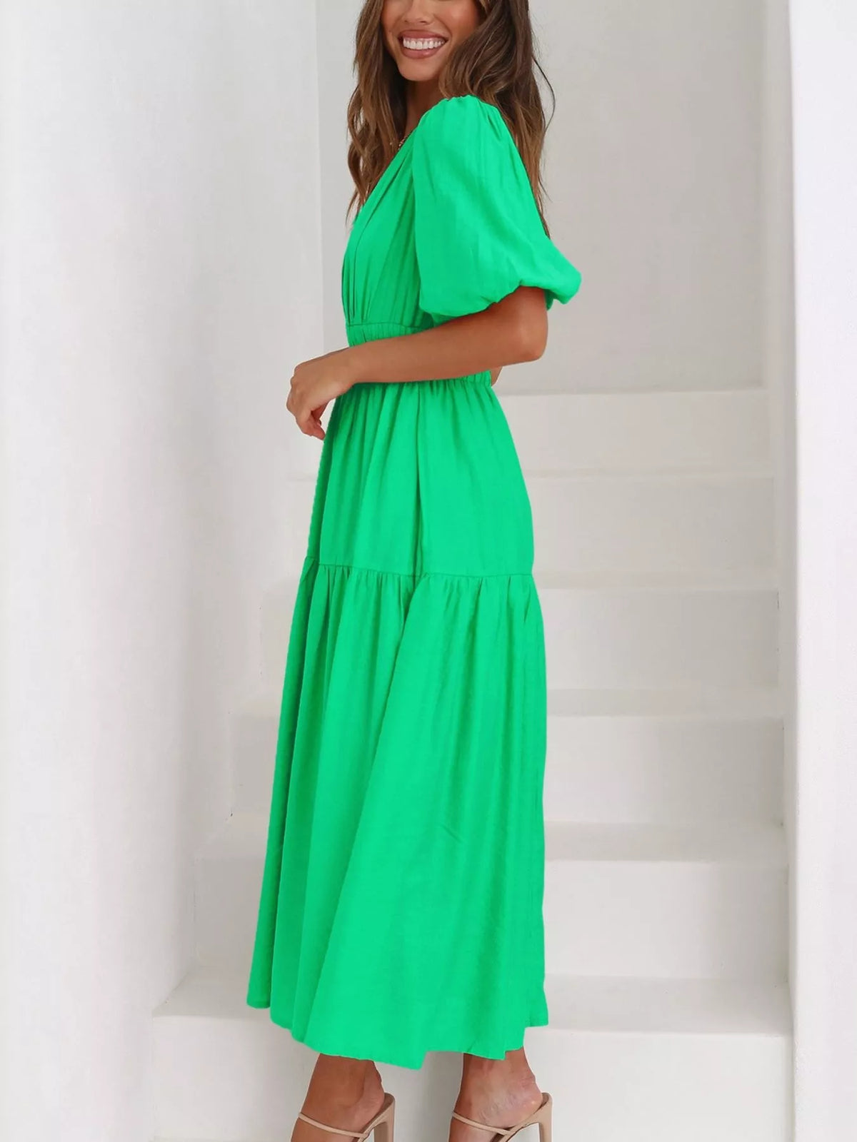 V-neck Puff Sleeve Midi Dress (31)
