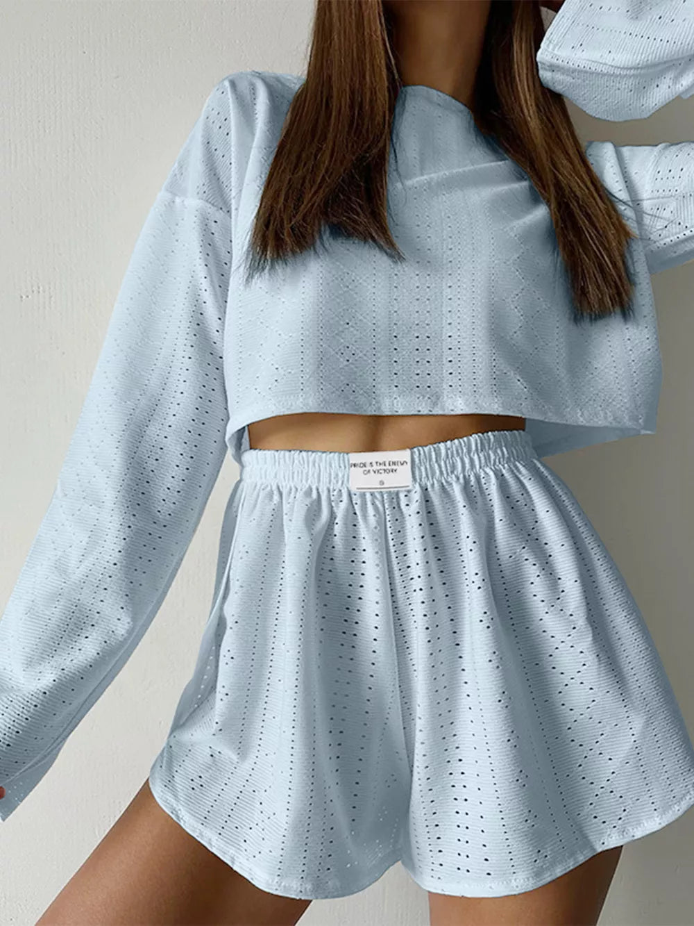 Eyelet Round Neck Top Shorts Set