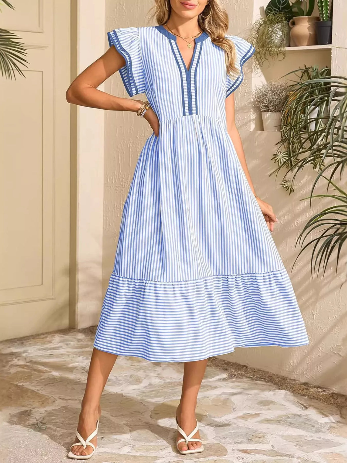 Striped Ruffle Sleeve Midi Dress (4)