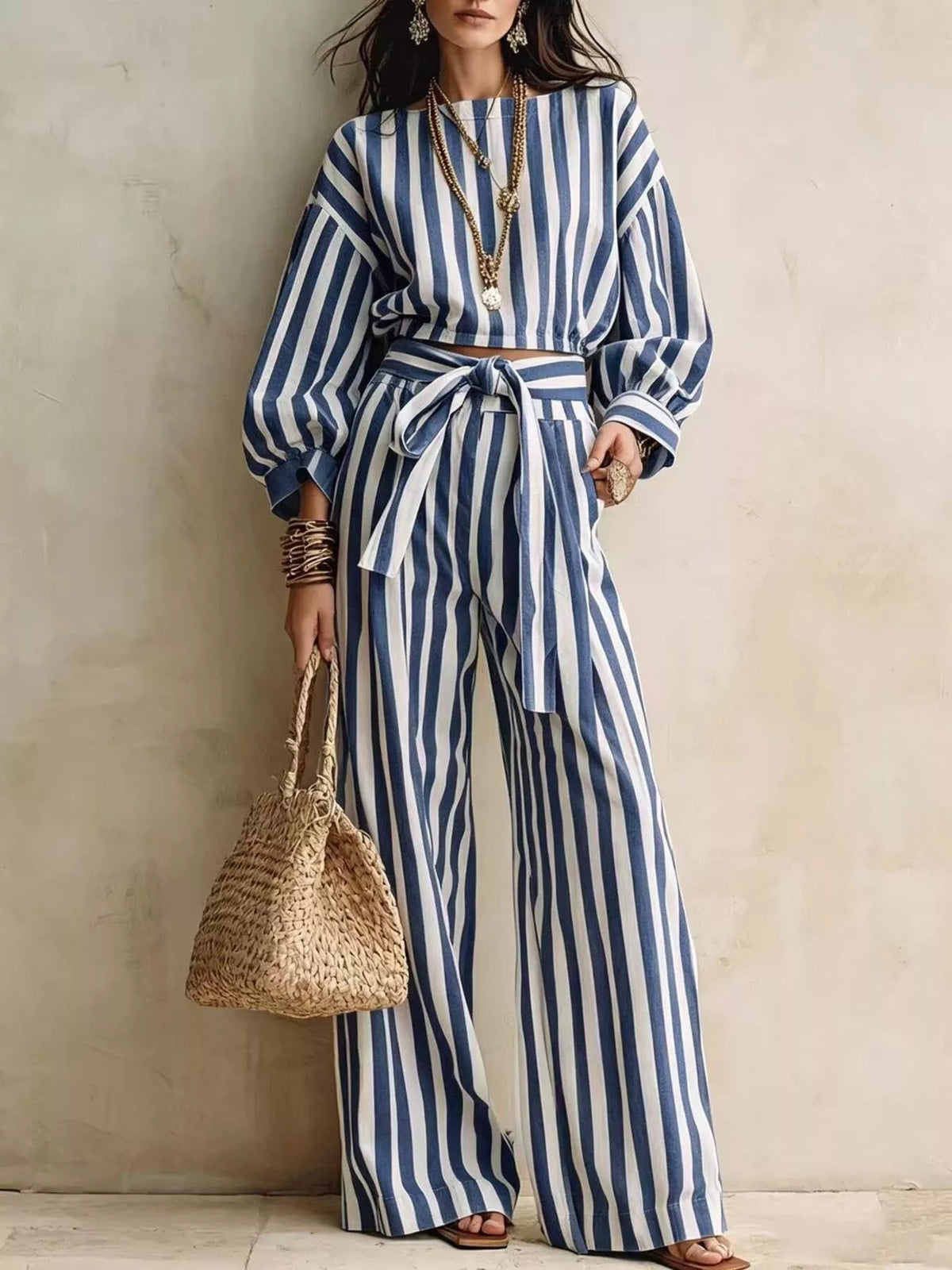 Striped Long Sleeve Top Pants Two-piece Set (8)