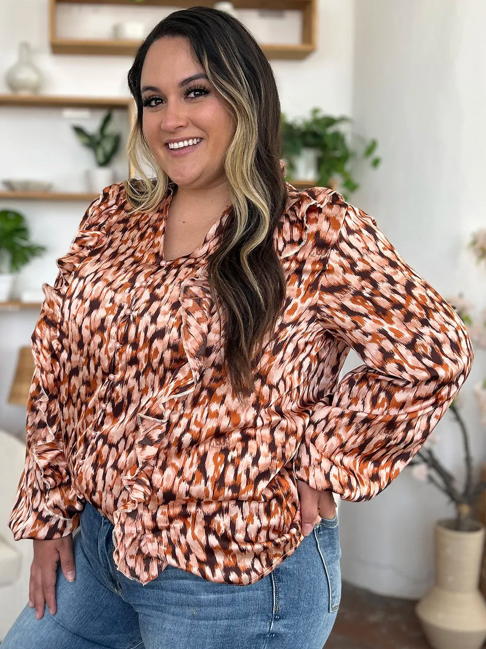 Full Size Printed Ruffle Trim Balloon Sleeve Shirt Plus (7)