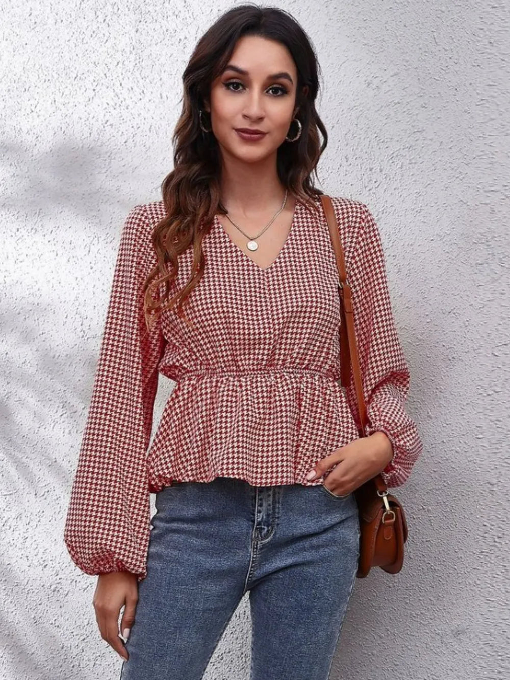 Ruched Printed V-neck Long Sleeve Blouse (19)