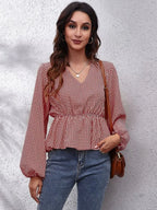 Ruched Printed V-neck Long Sleeve Blouse (19)