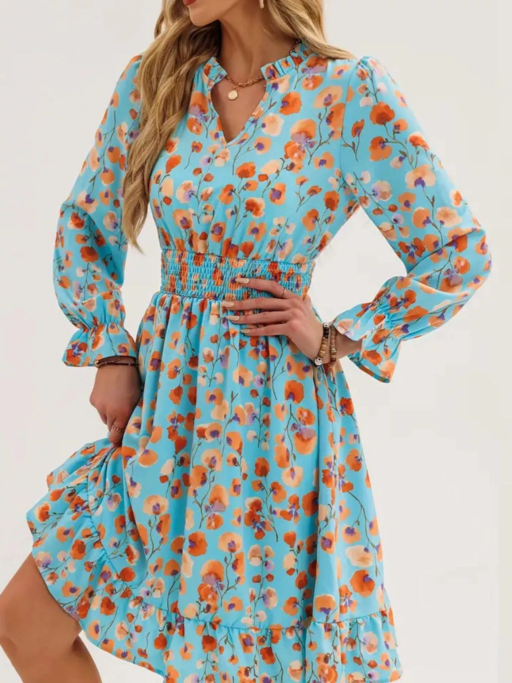 Floral Notched Flounce Sleeve Dress (9)