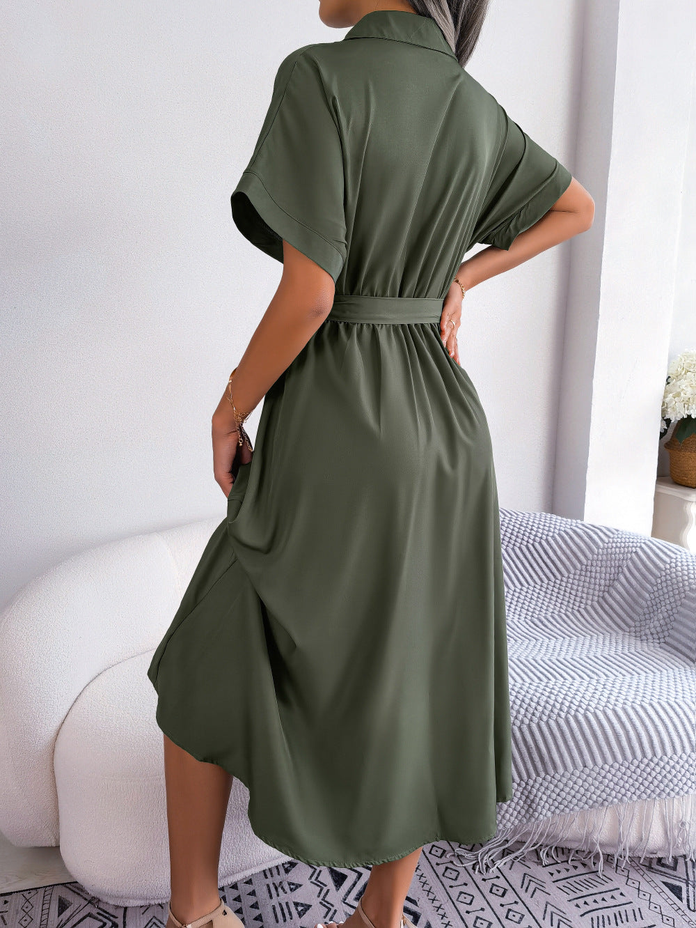 Short Sleeve Collared Tie Belt Dress (8)