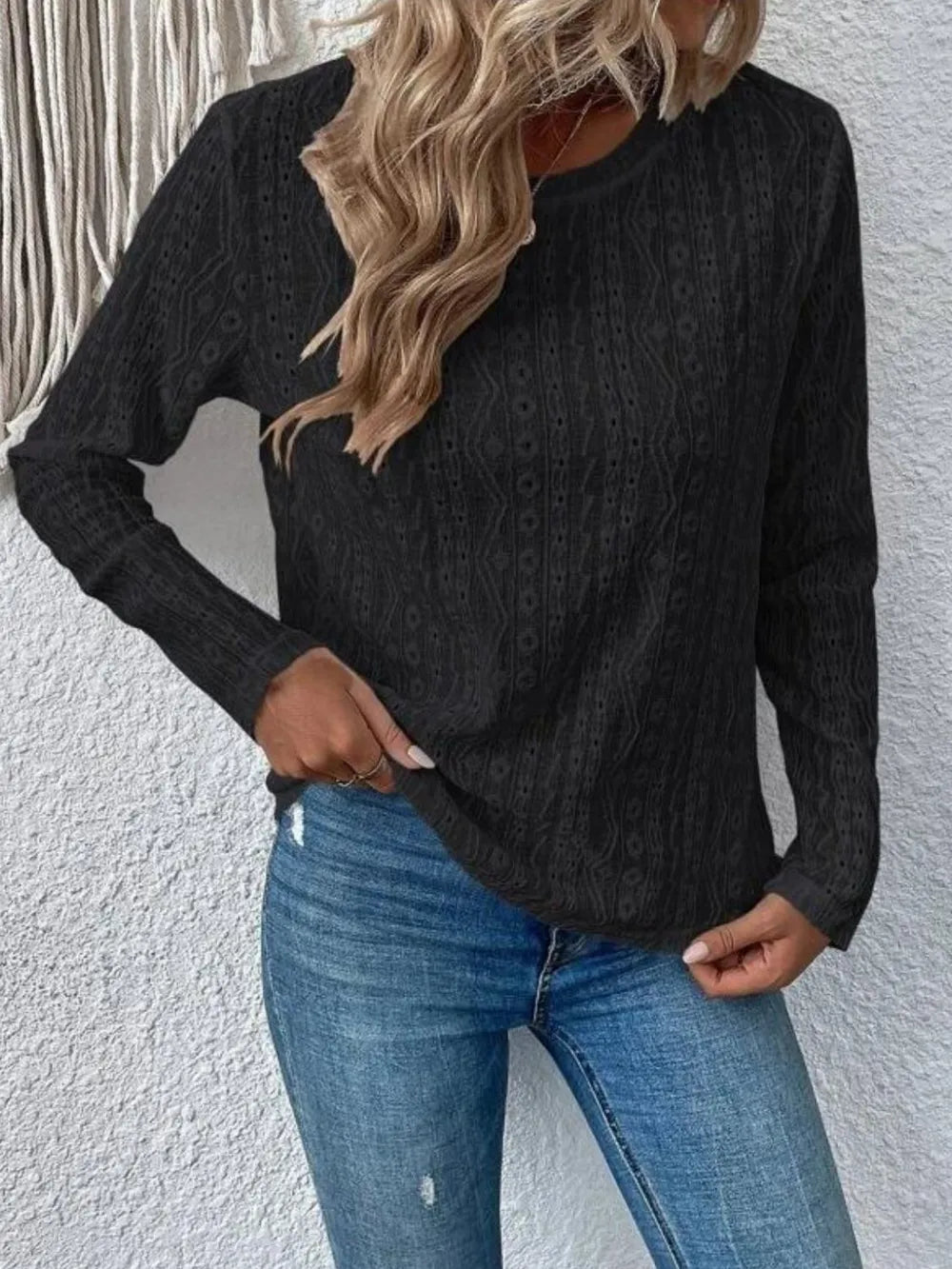 Eyelet Round Neck Long Sleeve Blouse (5)