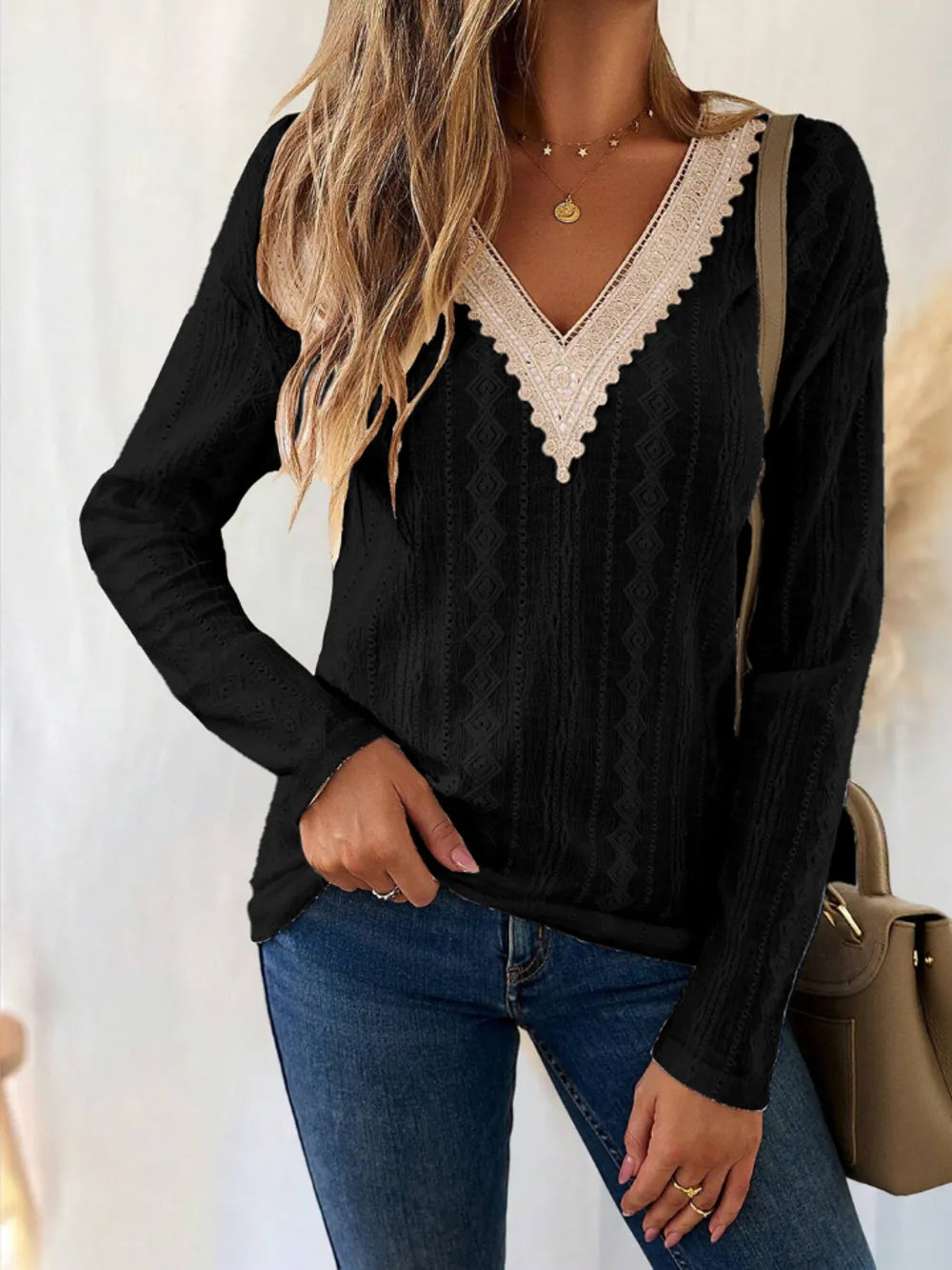 Eyelet V-neck Dropped Shoulder T-shirt (12)