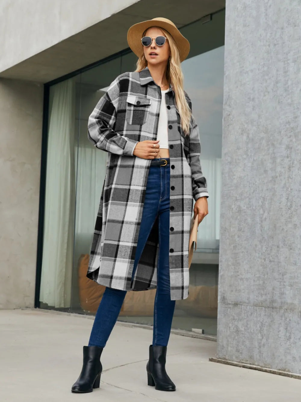 Plaid Pocketed Button Up Trench Coat (4)