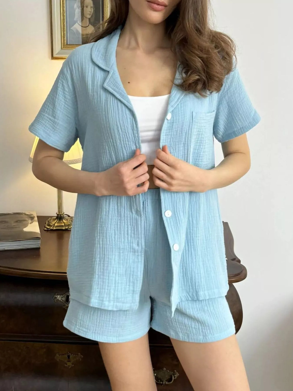 Button Up Short Sleeve Shirt Shorts Set (5)