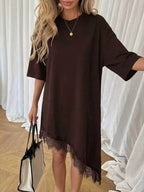 Lace Trim Asymmetrical Hem T-shirt Dress (16)