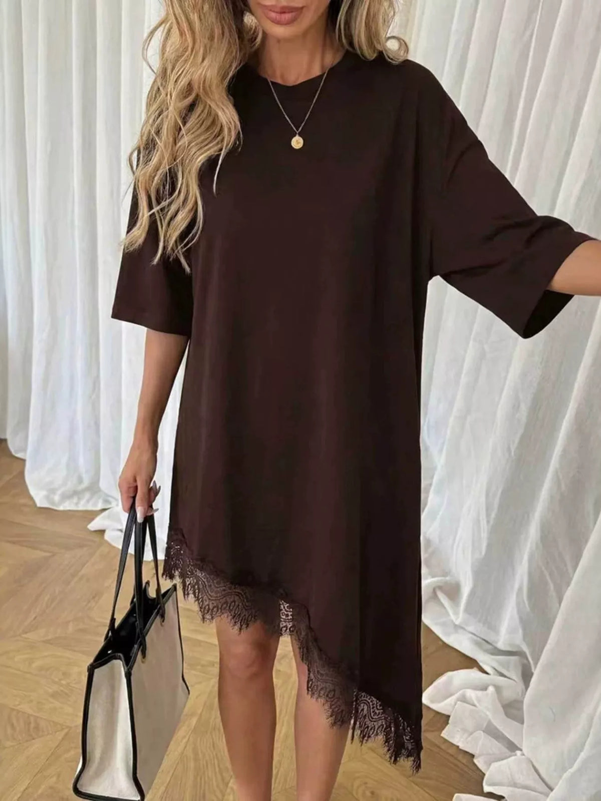 Lace Trim Asymmetrical Hem T-shirt Dress (16)