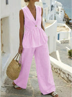 V-neck Sleeveless Peplum Top Wide-leg Pants Set (9)