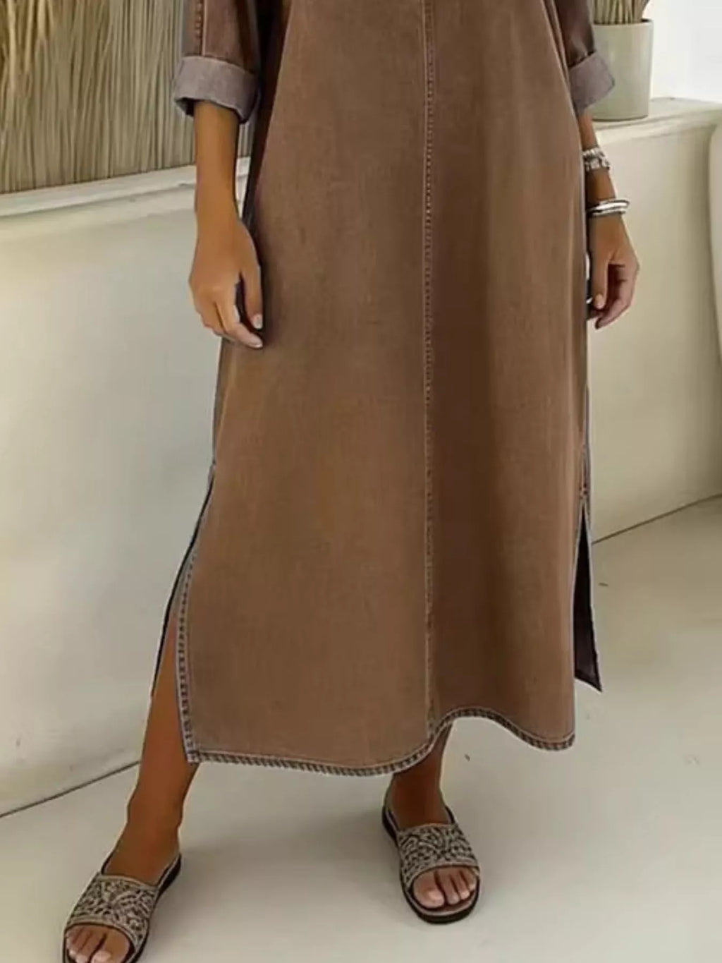 Side Slit V-neck Midi Dress (8)