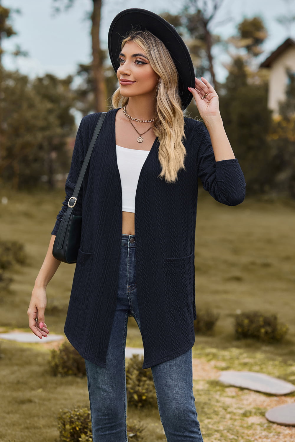 Cable-knit Long Sleeve Cardigan Pocket (6)
