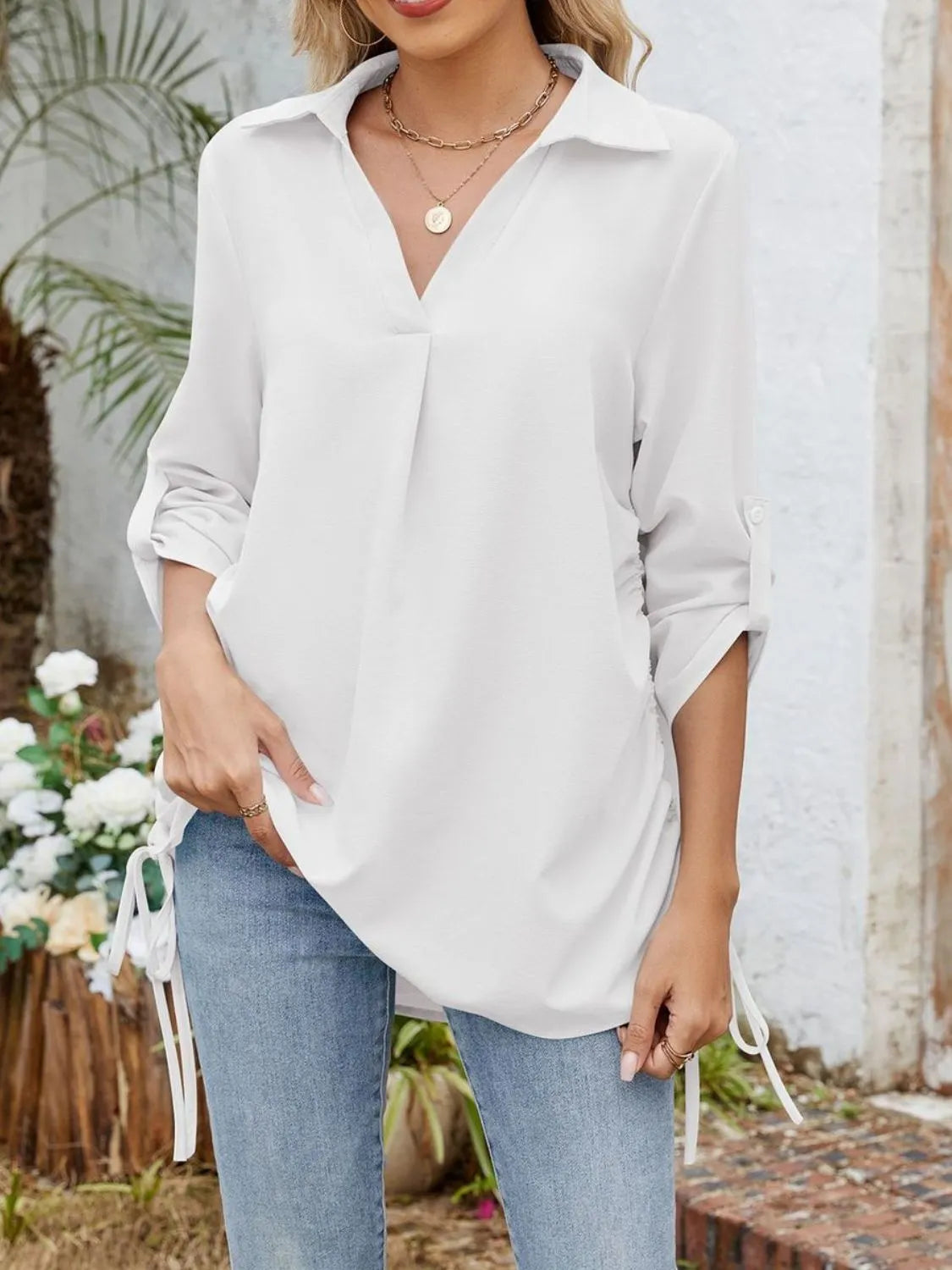 Drawstring Johnny Collared Three-quarter Sleeve Top (23)