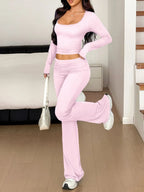 Long Sleeve Crop Top Bootcut Pants Set (4)