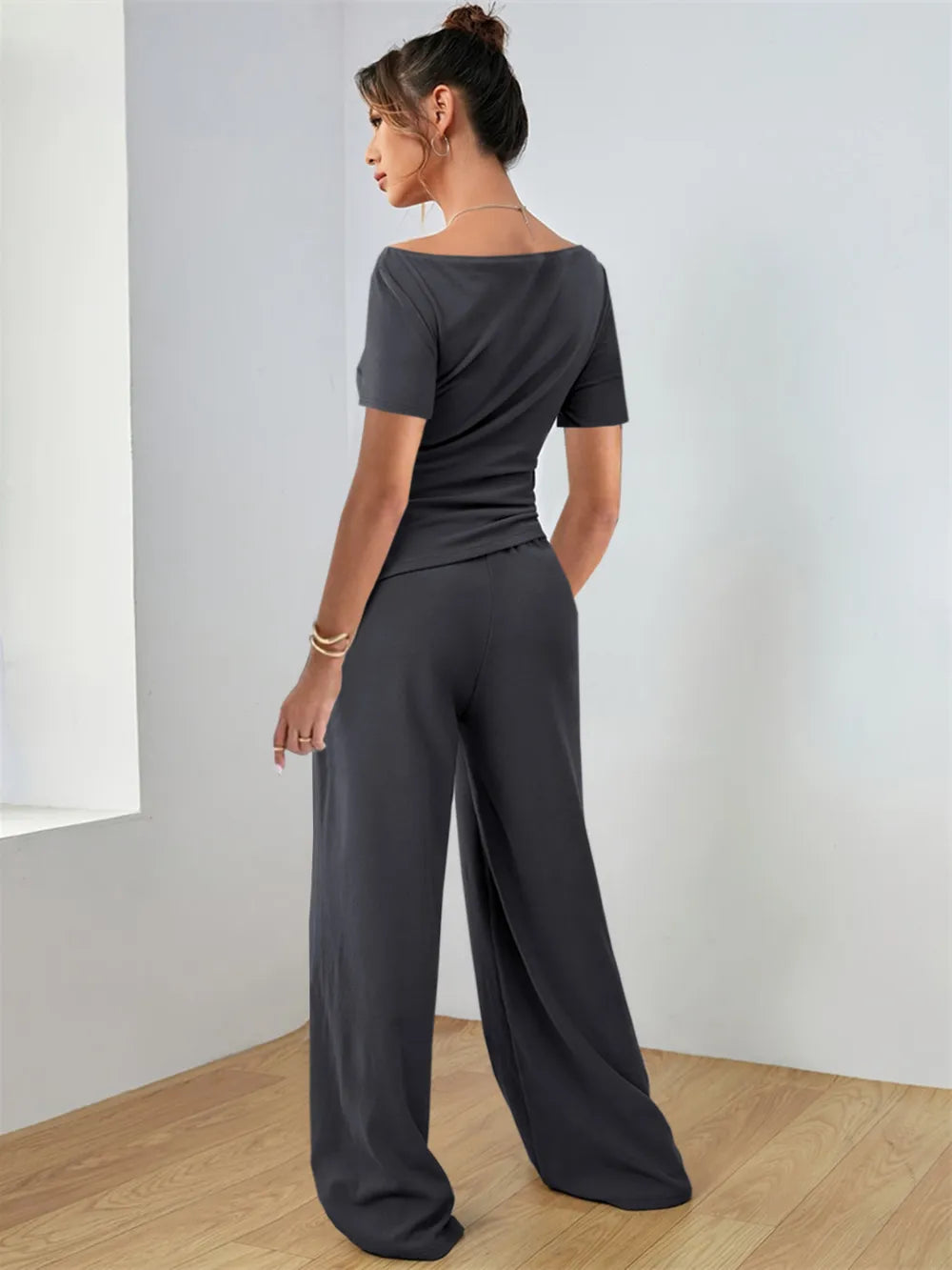 Round Neck Short Sleeve T-shirt Pants Set (5)