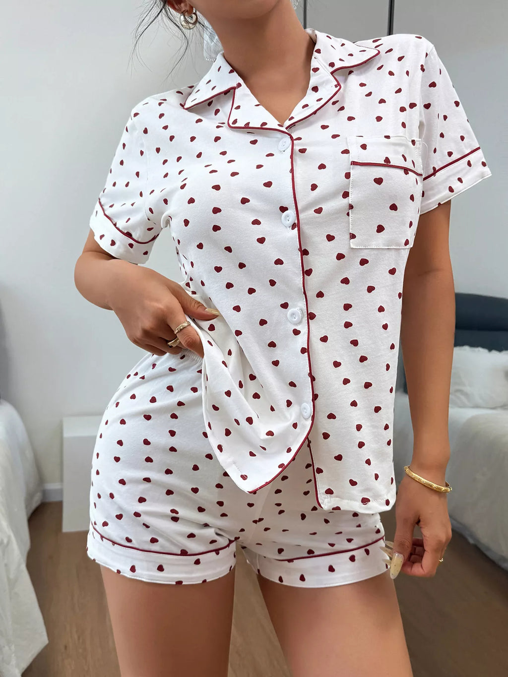 Heart Print Button-down Short Sleeve Top Shorts Lounge Set