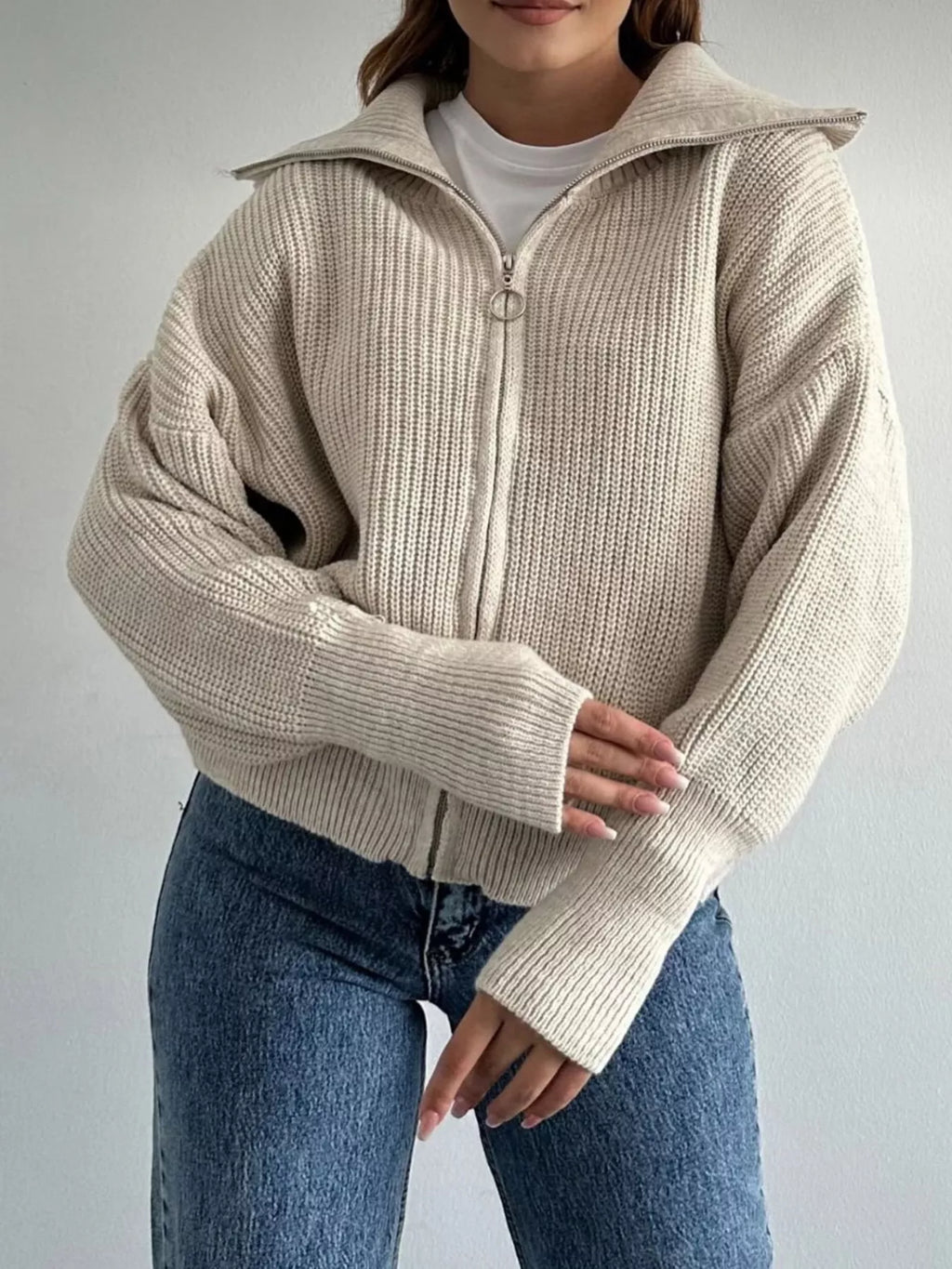 Zip Up Dropped Shoulder Cardigan (23)