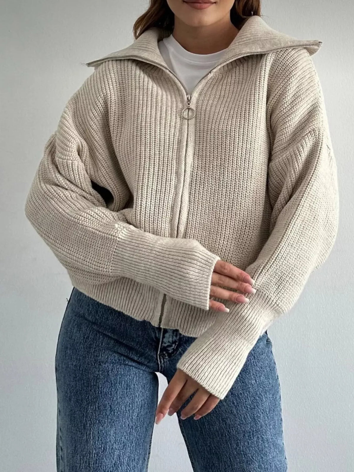 Zip Up Dropped Shoulder Cardigan (23)