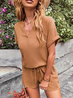 Notched Short Sleeve Top Shorts Set (9)
