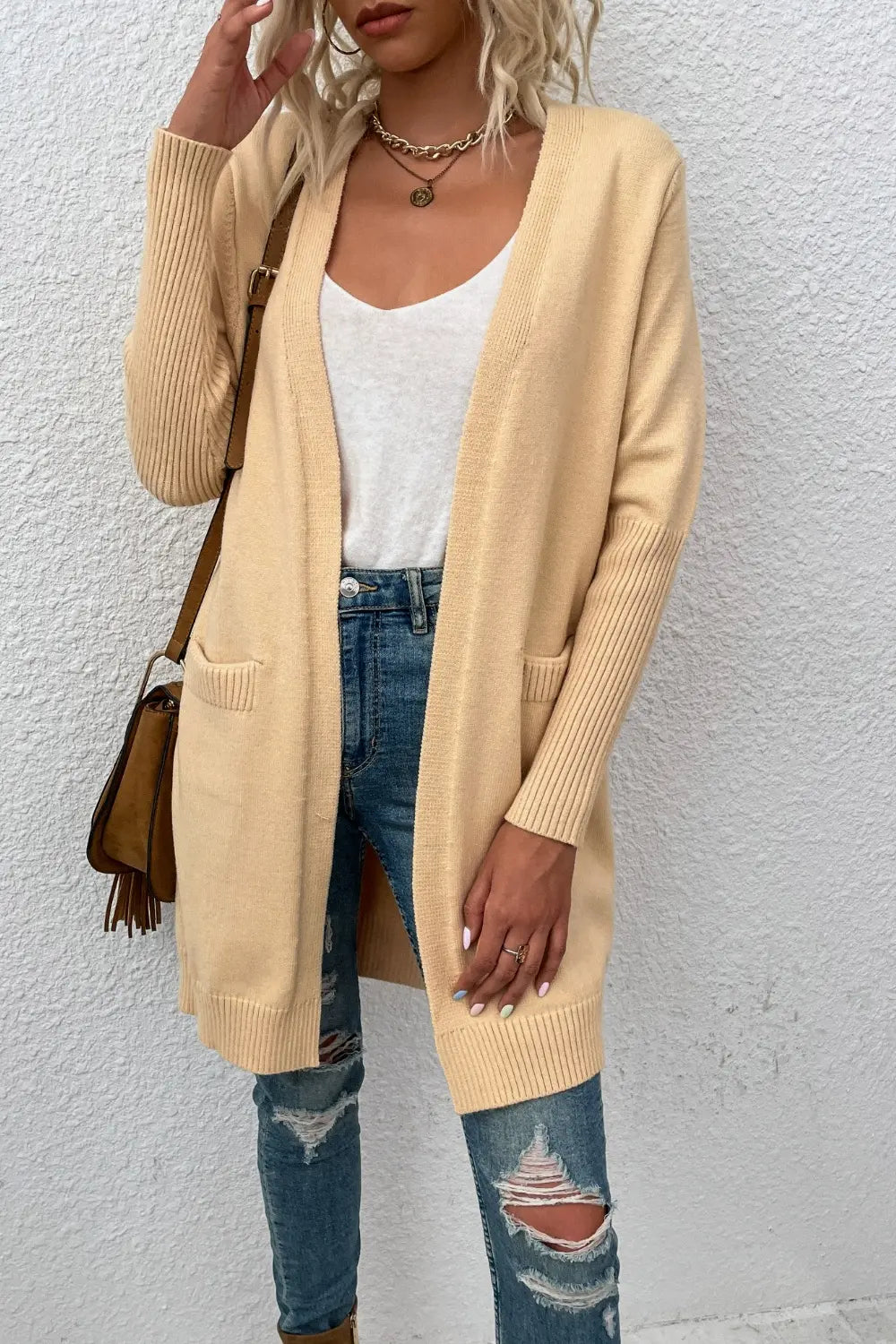 Open Front Long Sleeve Cardigan Pockets
