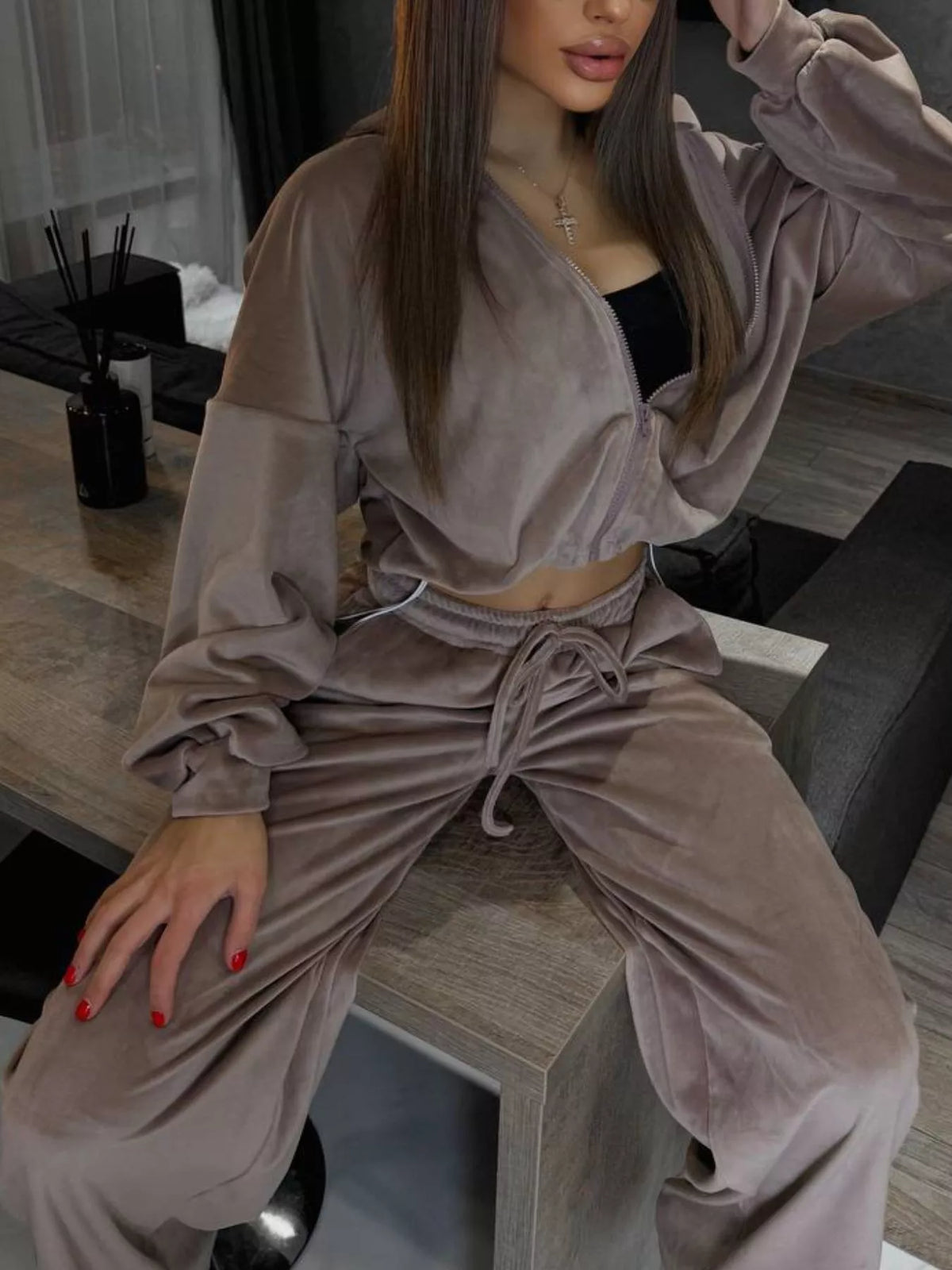 Zip Up Cropped Outerwear Pants Set (26)
