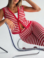 Striped Knit V-neck Button-up Sleeveless Top Flare Pants Set (20)