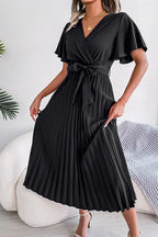 Pleated Flutter Sleeve Belted Dress (7)