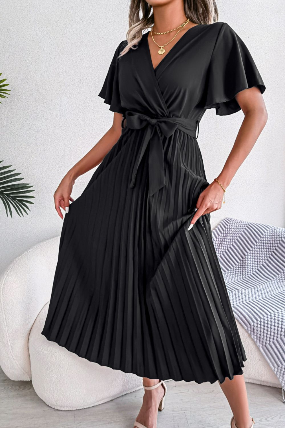 Pleated Flutter Sleeve Belted Dress (7)