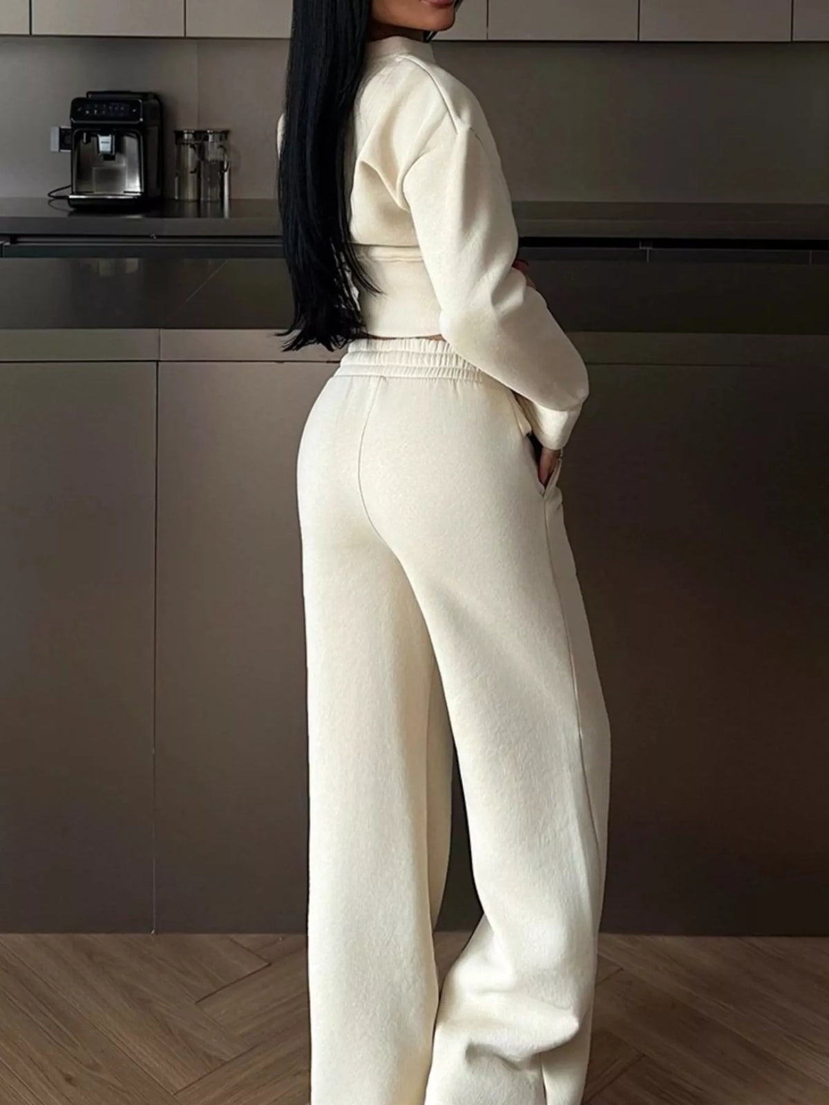 Zip-up Crop Jacket Wide-leg Pants Set (4)