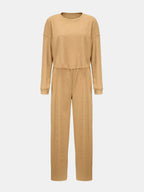 Waffle-knit Round Neck Top Pants Set (13)