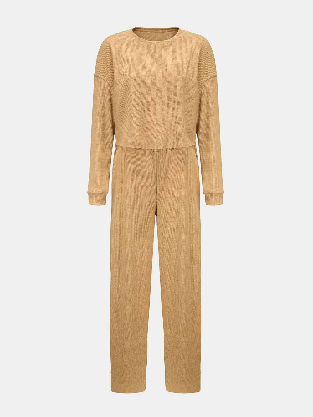 Waffle-knit Round Neck Top Pants Set (13)