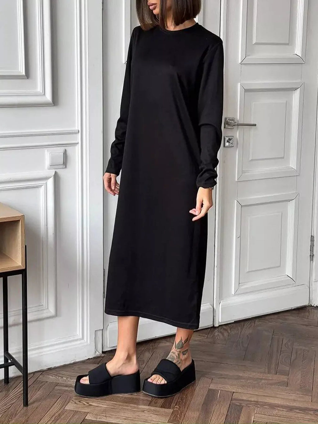 Round Neck Long-sleeve Midi Dress (18)