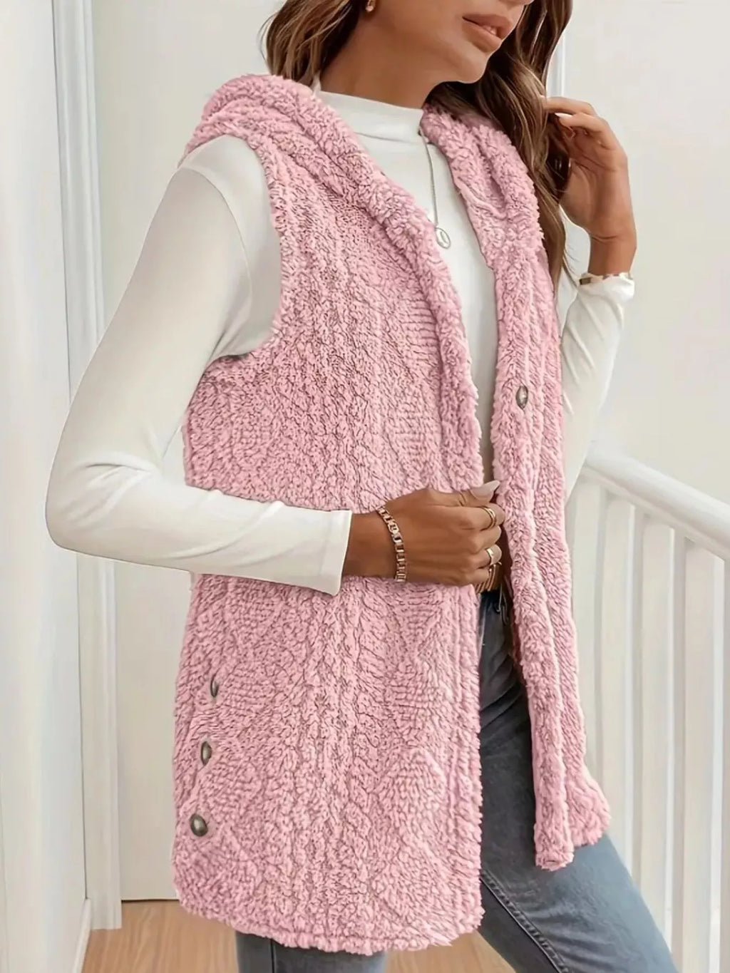 Button-down Sherpa Hooded Vest Coat (15)
