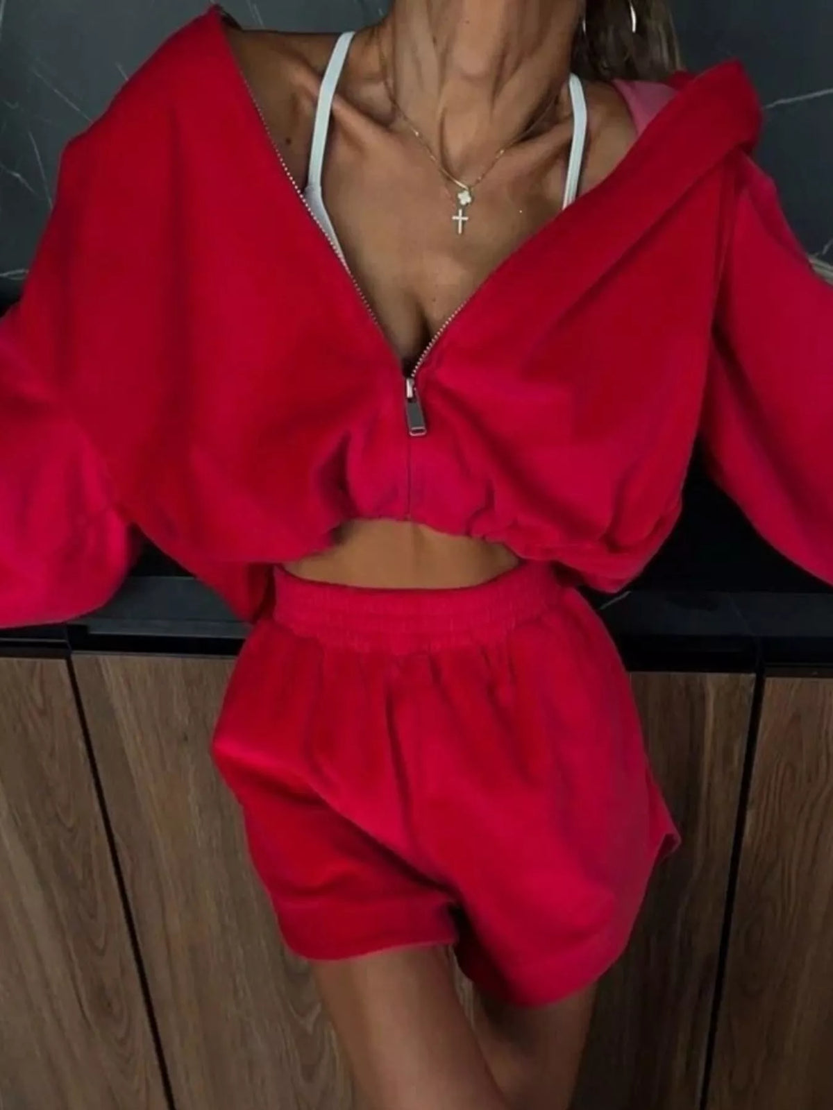 Long Sleeve Zip-up Hoodie Shorts Set (12)