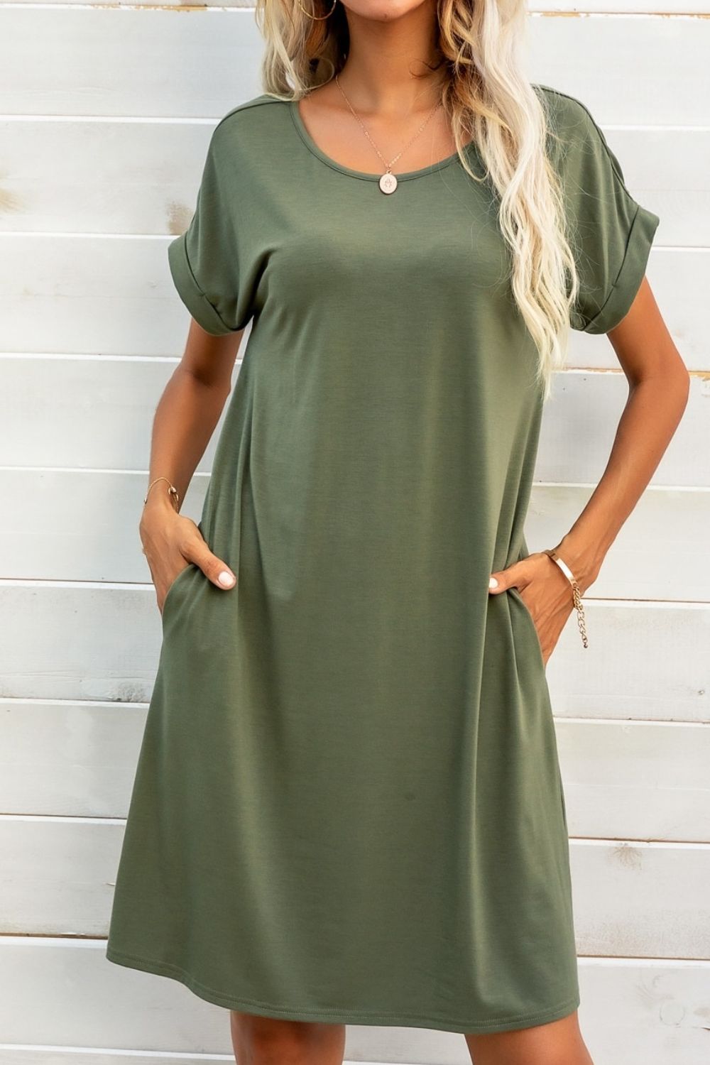 Scoop Neck Short Sleeve Pocket Dress (3)