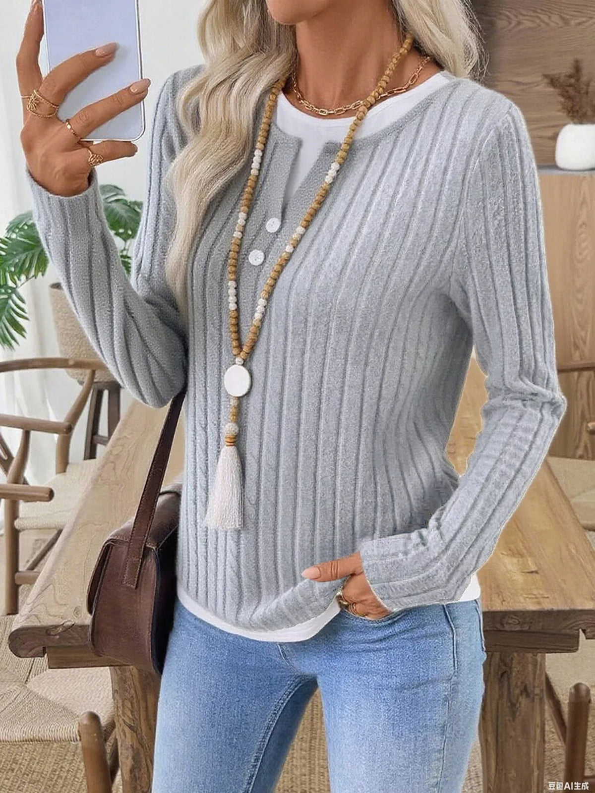 Ribbed Knit Button Detail Contrast Sweater (3)
