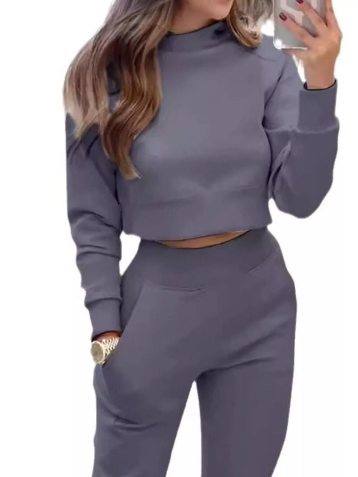 Casual Chic Cropped Sweatshirt Jogger Set (8)