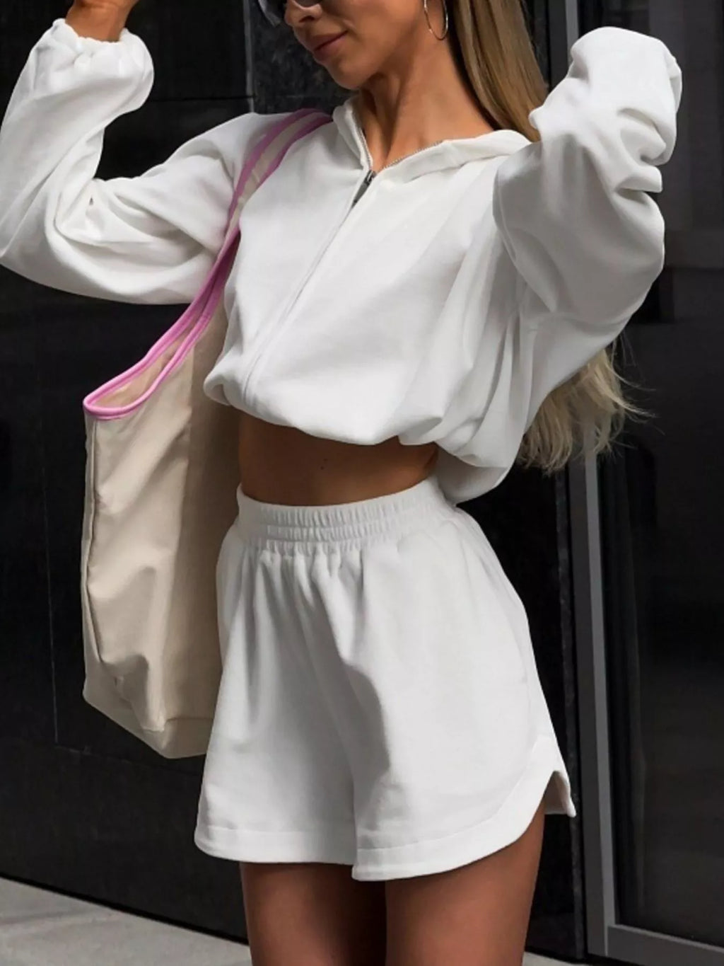 Long Sleeve Zip-up Hoodie Shorts Set (4)