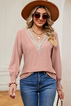 Eyelet V-neck Flounce Sleeve T-shirt (14)