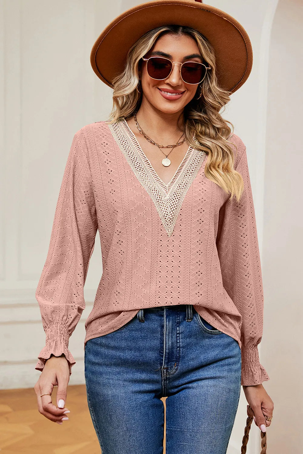 Eyelet V-neck Flounce Sleeve T-shirt (14)