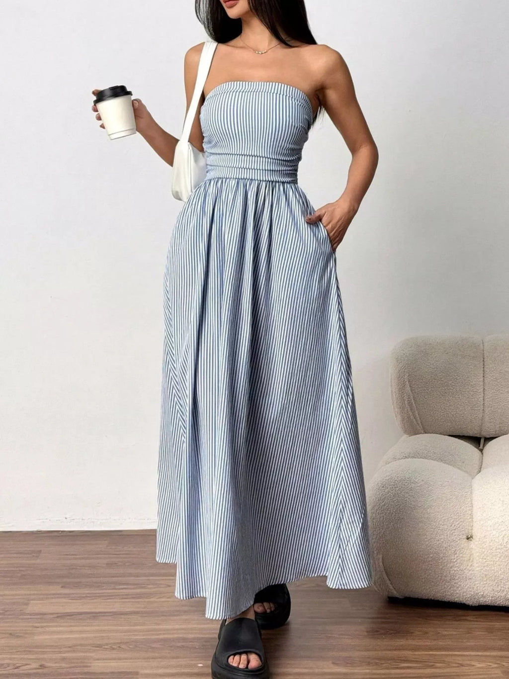 Striped Strapless Casual Maxi Dress (2)