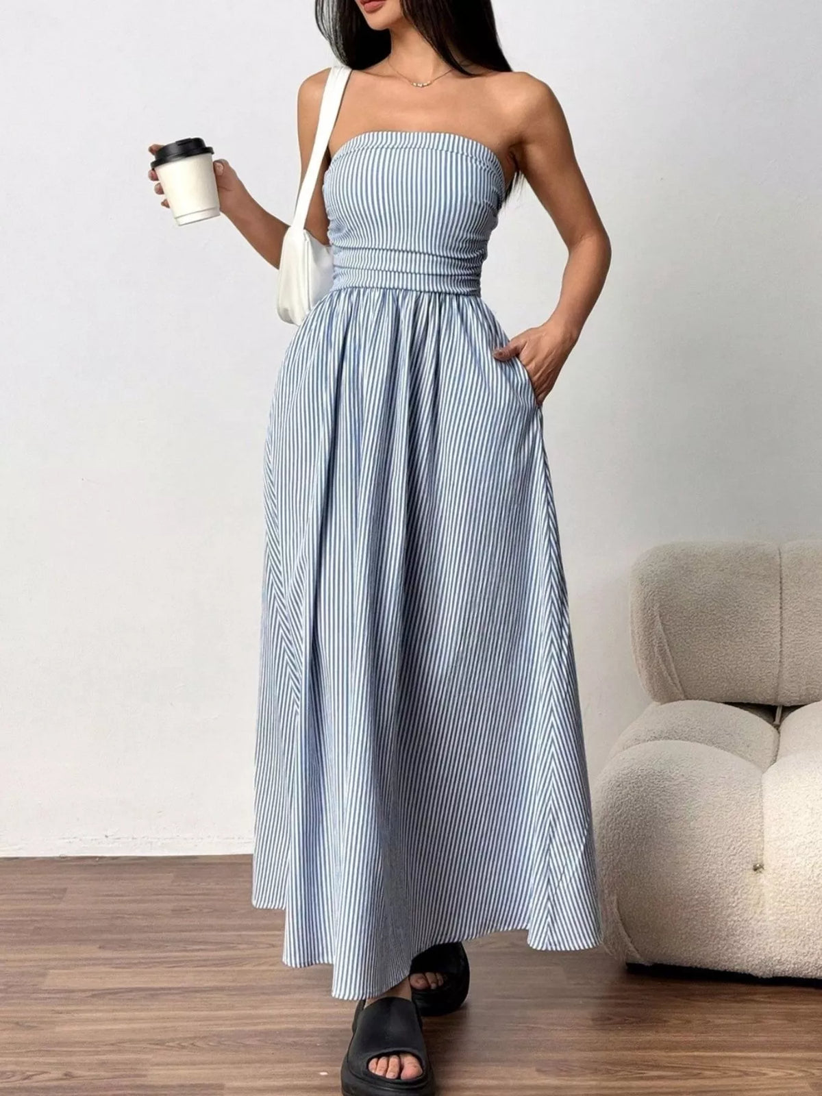 Striped Strapless Casual Maxi Dress (2)